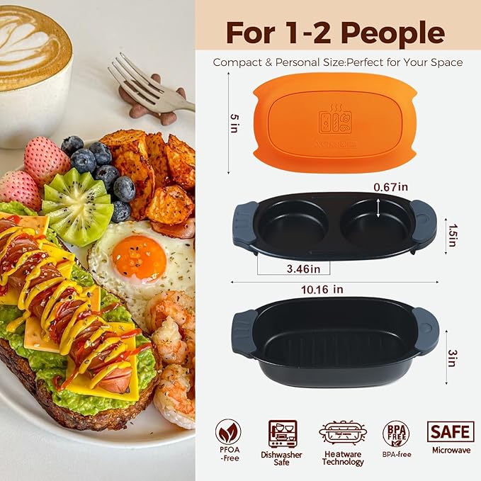 MKYSAIL Quick-Heat Microwave Egg Cooker and 33 OZ Microwave Grill Combo | 2-Piece Breakfast Maker Set for Grilling, Frying, Crisping Meat, Bacon, Pancakes & Veggies | Dishwasher Safe & Non-Stick for Kitchen RV, Dorm, Office(Orange)