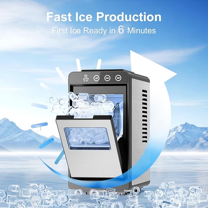 Kismile Countertop Ice Maker, 8 Bullet Cubes in 6 Mins, 26.5lbs in 24Hrs, 2 Ice Sizes, Self-Cleaning Portable Ice Maker with Basket and Scoop, for Home/Office/Camping/RV, Silver