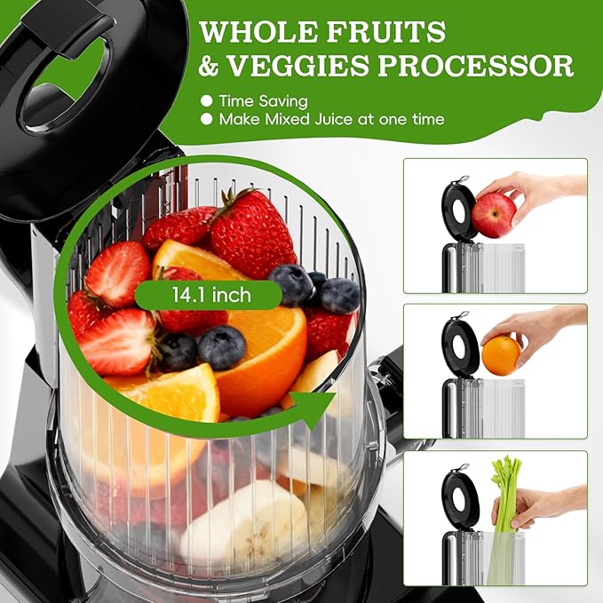 Cold Press Juicer, Wide Feed Chute Juicer Machines, Stainless Steel Slow Masticating Juicers Easy to Clean, Vegetables & Fruits Juice Extractor, High Juice Yield, Gray Color Knob