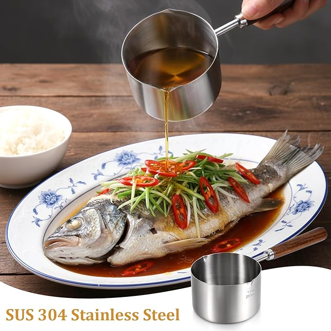 2 Pcs 8.5 oz/4.2 oz Mini Food Grade Stainless Steel Butter Warmer, Mini Food Warmer with Dual Spouts, Small Milk Saucepan with Wood Handle, for Coffee Milk Warming Chocolate Butter Melting