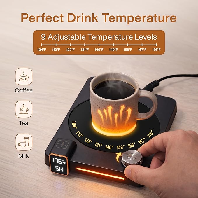 Coffee Mug Warmer for Desk, 40W Electric Cup Warmer with Digital Display, 9 Temp Settings, 1–12H Timer & Auto On/Off, LED Display Candle & Beverage Warmer Plate.
