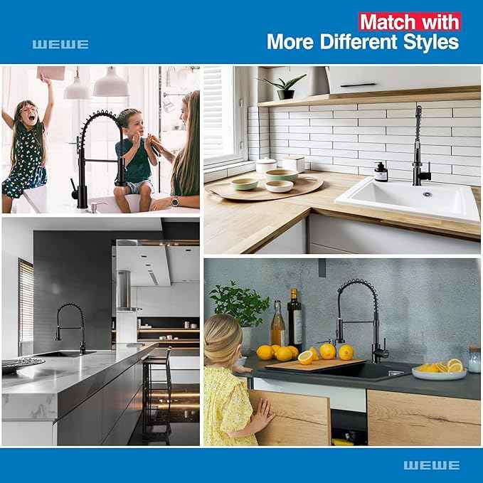 WEWE Faucet for Kitchen Sink, Kitchen Faucets Black Stainless Steel Commercial Spring Kitchen Faucet with Pull Down Sprayer, One Hole or 3 Hole Kitchen Faucet for RV Outdoor Farmhouse Camper Bar Sinks