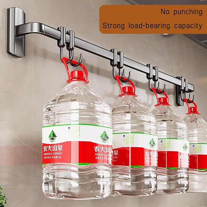Rail Rack Organizer Self Adhesive Kitchen Utensil Rack Aluminum Wall Mounted Hanging Rail 8 Removable Hooks Pots Pans Spoons Knives,Grey,45cm