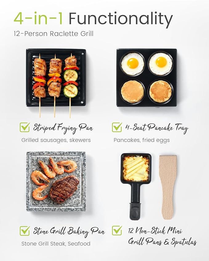 Raclette Table Grill - Indoor Electric Grill Griddle - Nonstick Extra Large Reversible 4-In-1 Outdoor Dishwasher Safe with Cheese 12 Paddles 12 Spatulas for 12 Person, FD-12RN1650