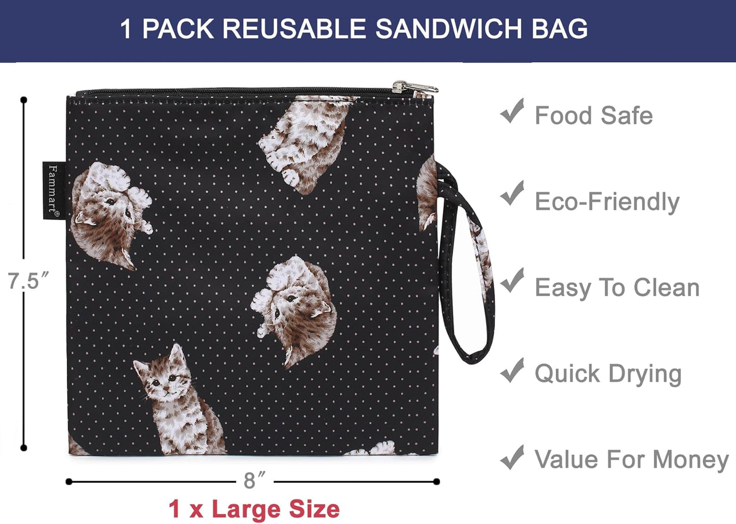 Reusable Sandwich Bag/Snack Bag for Kids & Adults, Dual Layer Lunch Bag with Handle, Washable, Food Safe, BPA Free (1-Pack, Dot&Cat)