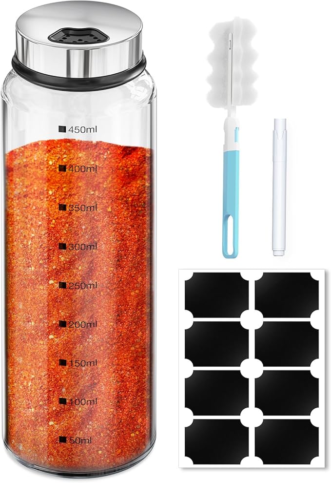 Segarty 15oz Spice Jar with Accessories, 1pc Empty Storage Container with Shaker Lid Adjustable Pour Holes Scale Lines for Pepper Sugar, Large Spices Container with 8 Blank Labels, 1 Brush 1 Chalk Pen