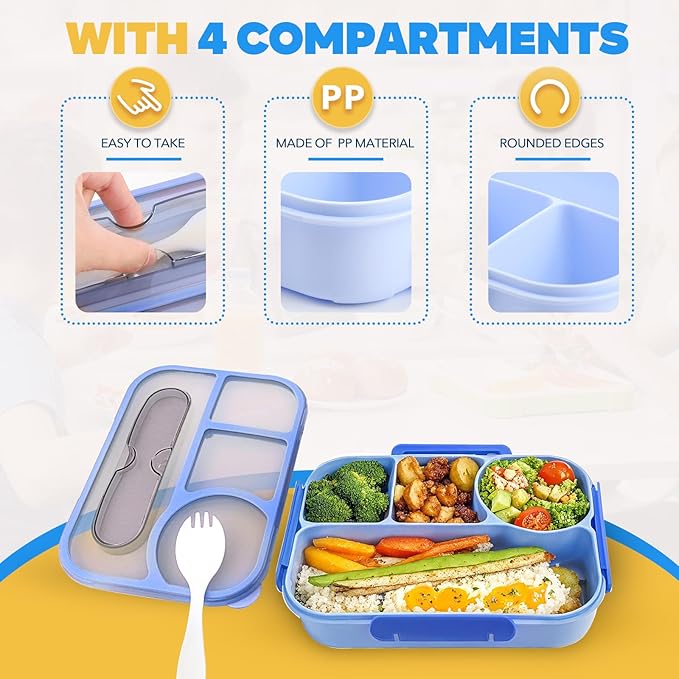 EASYFUN Bento Box Adult, Lunch Box, 4-Compartment Lunch Containers, Drop-Proof, Dishwasher Safe & Made with BPA-Free Materials (Blue)