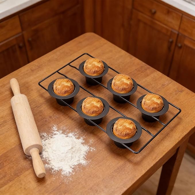 6 Cup Popover Pan, Premium Carbon Steel Easy To Clean Non Stick Cupcake Pan Round 8.9X15.9X2.2Inch Popover Cake with Wire Rack for Pudding, Muffins, Popovers