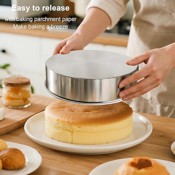 8 Inch Cake Pan Set of 3, Nonstick Stainless Steel Round Layer Cake Baking Pans with 100PCS Parchment Papers, Cake Tins for Birthday Christmas, Healthy & Non-Toxic, Easy Clean & Dishwasher Safe