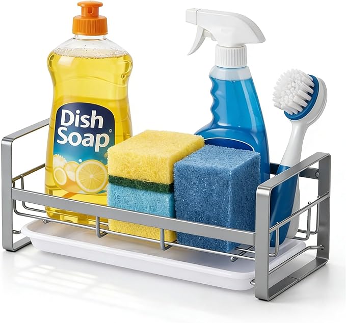HULISEN Large Sponge Holder, 304 Stainless Steel Kitchen Soap Dispenser Caddy Organizer, Countertop Soap Dish Rack Drainer with Removable Drain Tray, not Including Dispenser and Brush, Grey