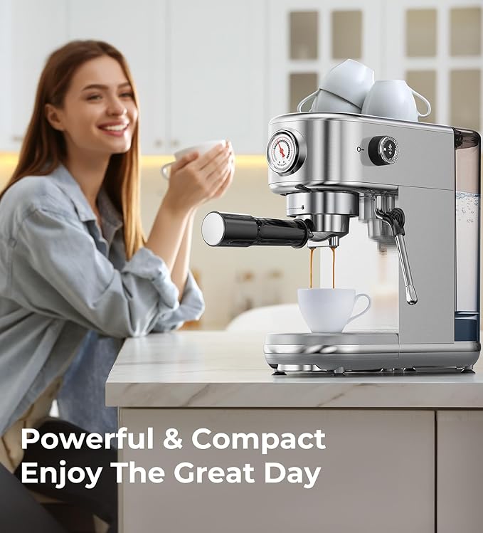 atatix Espresso Machine with Milk Frother, 20 Bar Pressure Espresso Maker, with 44OZ Removable Tank, Compact Stainless Steel Coffee Machine for Home, Office, Latte, Cappuccino, Macchiato, Silver