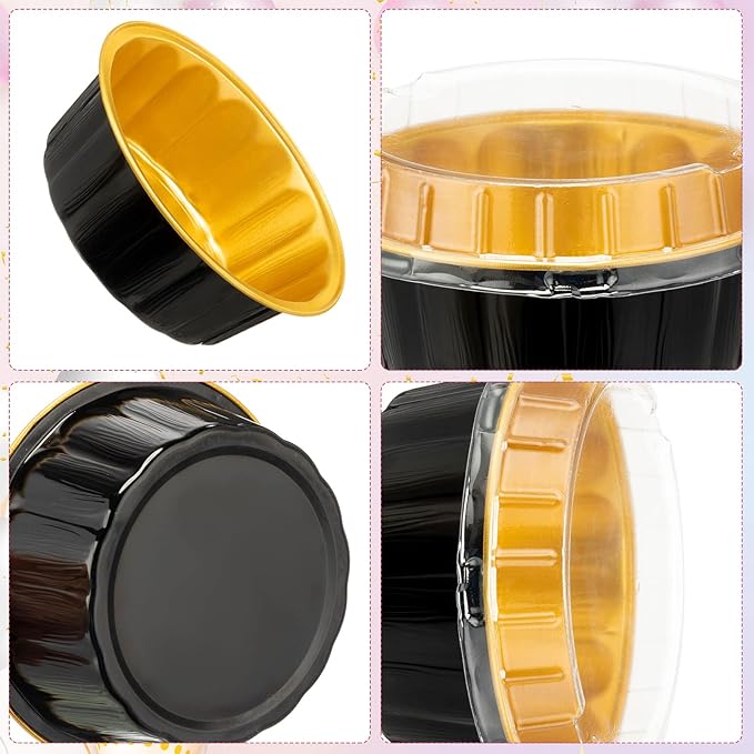 Tessco for you 100 Pcs Disposable Ramekins with Lids 8 oz Creme Brulee Ramekin Aluminum Foil Cup Cupcake Liner Baking Valentines Disposable Muffin Tin Pan Cheesecake Container (Black,Gold)