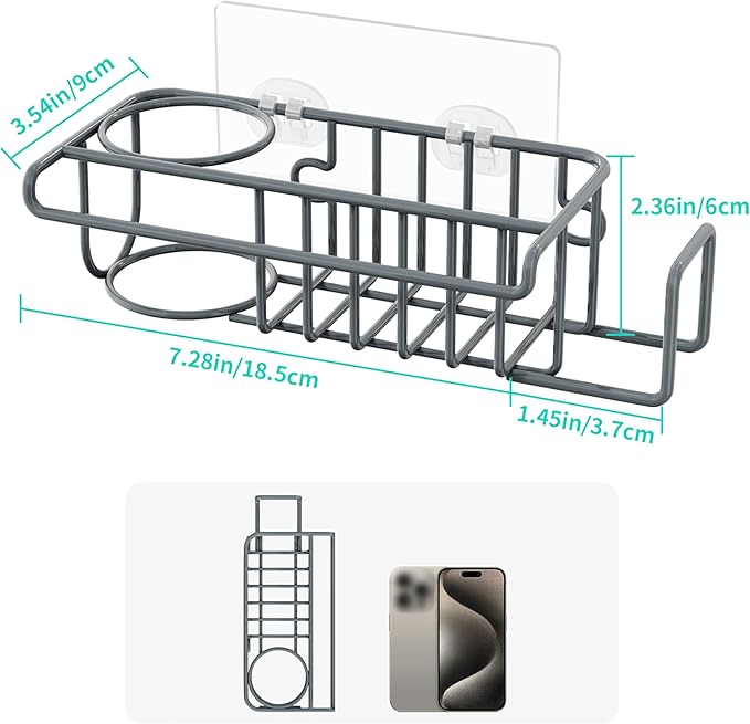 HapiRm Sink Caddy Sponge Holder - No Drill Sponge Holder for Kitchen Sink, Rustproof and Waterproof Kitchen Organizer - Grey