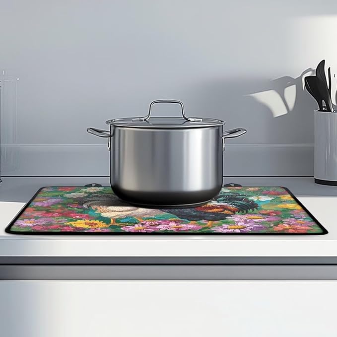 Rooster Print Induction Cooktop Mat Heat Resistant Glass Top Stove Cover Protector Glass Cooktop Covers Kitchen Flat Electric Stove Top Covers