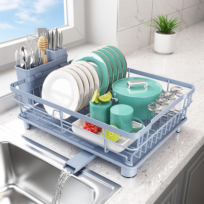 Dish Drying Rack - Space Saving Dish Rack - Dish Racks for Kitchen Counter with Drainboard,Rustproof Dish Drainer with Removable Utensil Holder,Blue