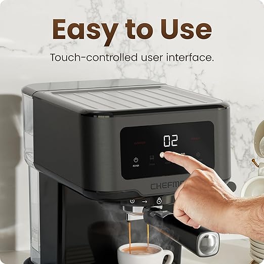 Chefman CraftBrew Espresso Machine, 15-Bar Pump Digital Espresso Maker w/Steam Wand for Latte & Cappuccino, Compact Espresso Coffee Machine w/ 1.5L Removable Water Reservoir - Stainless Black
