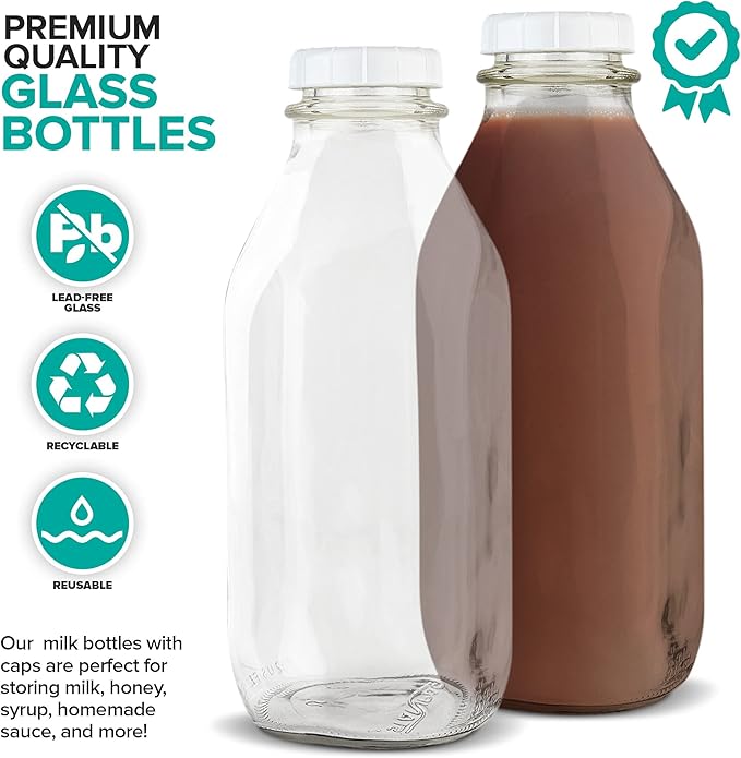 Stock Your Home Liter Glass Milk Bottle with Lid (1 Pack) 32 Oz Jugs and 3 White Caps, Reusable Food Grade Milk Container for Refrigerator, Bottles for Juice, Oat or Plant Milks, Water, Honey