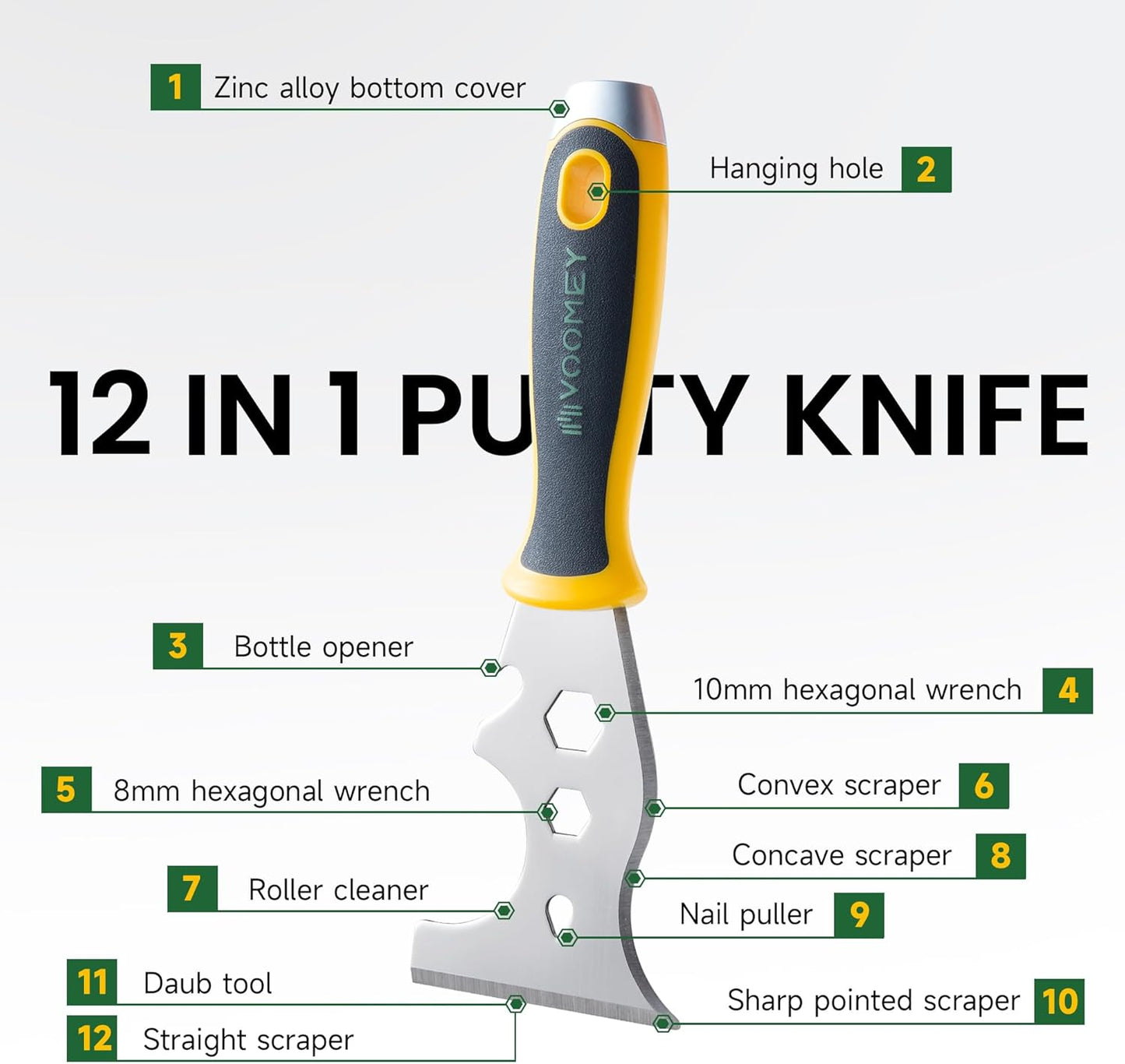 Voomey 12-In-1 Putty knife, Paint Scraper Tool, Stainless Steel Paint Scraper, 2 packs, Metal Scraper for Cleaning Paint Rollers, Hammers, Removing Wall Cracks