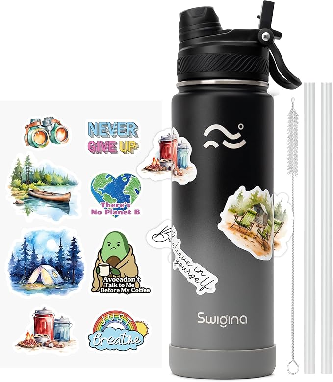Swigina [2-IN-1 LID] Insulated Water Bottle with Silicone Boot (36hrs Cold/18hrs Hot) - DIY Stickers, Leakproof, BPA Free, 24 oz