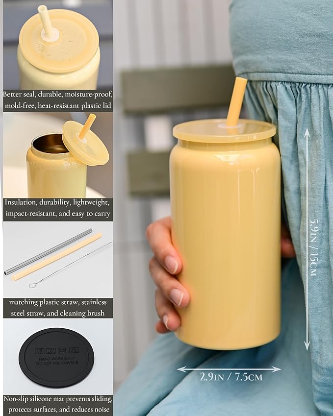 Glass Cups with Lids and Straws, 16oz Stainless Steels Cups, Beer Cups, Iced Coffee Cup, Smoothie Cup, Sublimation Tumbler, Cyan (Smooth Polished Finish, Sublimatable)