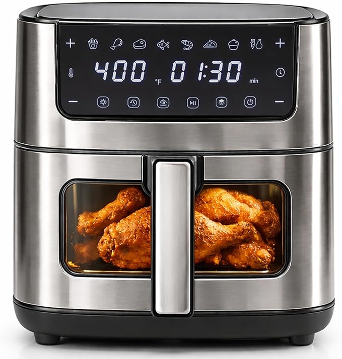 Simple Deluxe 8-in-1 Air Fryer 6.34 Qt, Digital Preset Airfryer with Visible Window, Nonstick and Dishwasher-Safe Basket, Air Fry, Chicken, Pizza, Dehydrate, Fries, 90-Min Timer, 1700W, Black