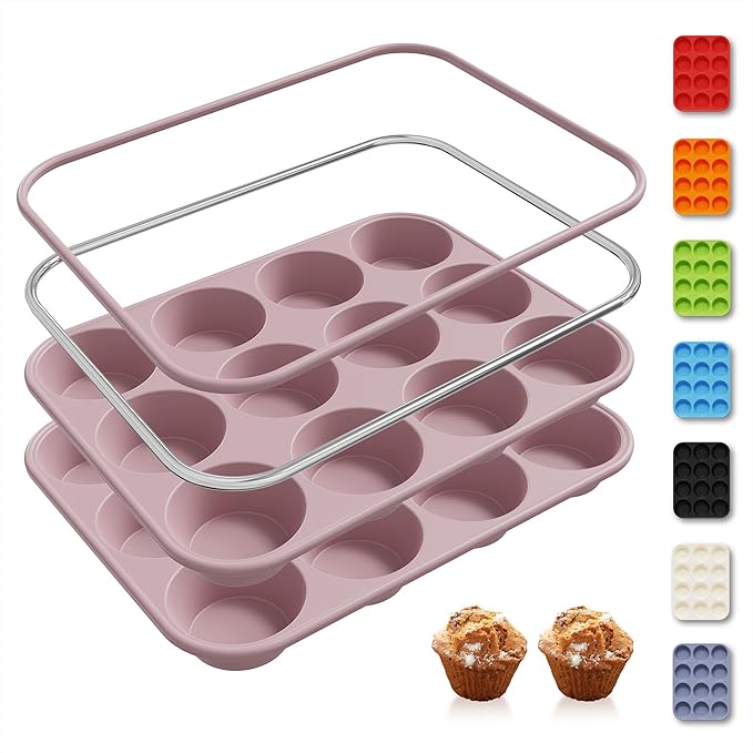 Socisen 2 Pack 12 Cups Muffin Pan with Metal Reinforced Frame Regular Size Silicone Molds Cupcake Cake Baking Pans Cookie Baking Chocoflan Cupcake Mold Silicone Egg Bite Molds Baking Items Stuff