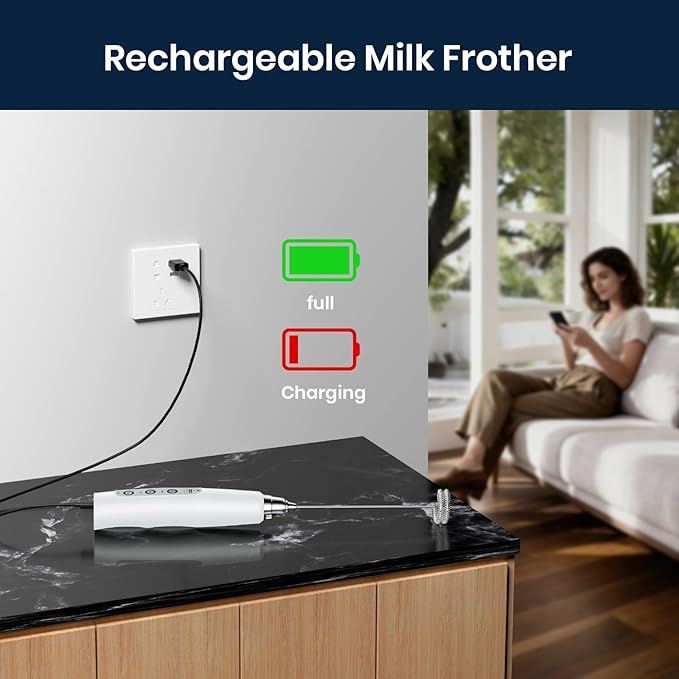 Sakgos Milk Frother Rechargeable Handheld-Electric Whisk 3 Speed Adjustable, Coffee Frother Wand with 3 Stainless Whisks, Electric Foam Maker, Drink Mixer Blender for Latte Cappuccino Matcha Egg