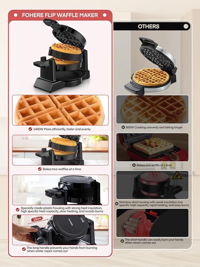 Waffle Maker, 1400W Double Belgian Waffle Iron 180° Flip, 8 Slices in 3 Mins, Rotating & Nonstick Plates, Anti-Scald, Removable Drip Tray Easy to Clean, Cool Touch Handle, Space-Saving Storage(Black)