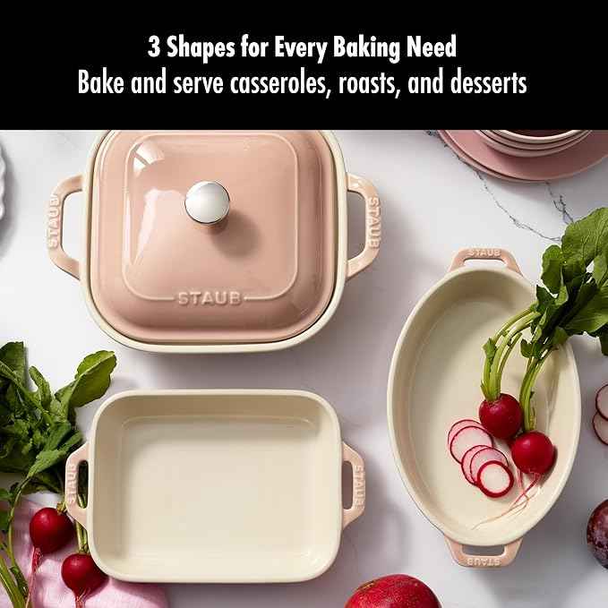 Staub Ceramic 4-pc Baking Pans Set, Casserole Dish with Lid, Brownie Pan, Light Pink