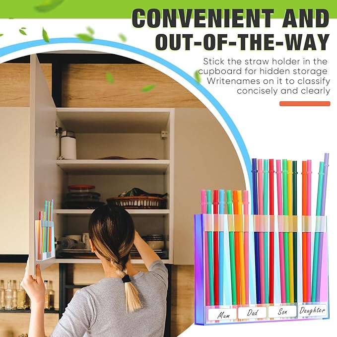 Qinyoung Acrylic Straw Holder for Cabinet Door with Double Sided Adhesive Tape Reusable Straw Organizer Tumbler Storage Kitchen Accessories Container for Counter Cupboard(Classic,Large,Iridescent)