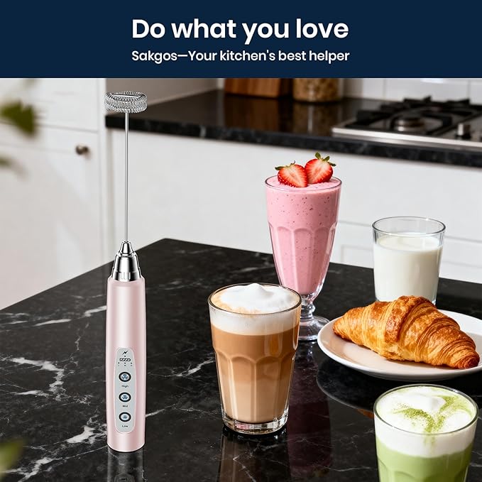 Sakgos Milk Frother Rechargeable Handheld - Electric Whisk 3 Speed Adjustable, Coffee Frother Wand with 3 Stainless Whisks, Electric Foam Maker, Drink Mixer Blender for Latte Cappuccino Matcha Egg