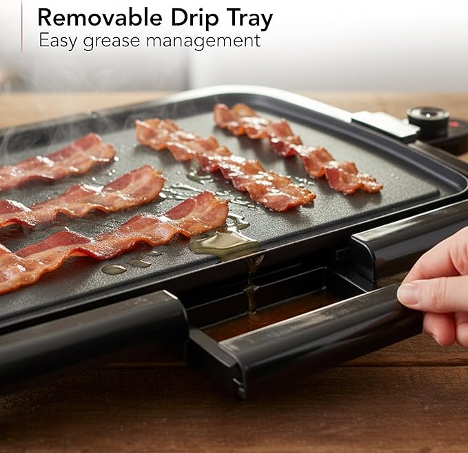OVENTE Electric Griddle with 16 x 10 Inch Flat Non-Stick Cooking Surface, Removable and Adjustable Temperature Control, Indoor Grill for Instant Breakfast, Pancakes, Eggs or Burgers, Black GD1610B