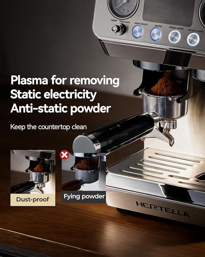 HERTELLA Espresso Machines with Burr Grinder, 20 Bar Visual Pressure Gauge, Milk Frother Steam Wand, Stainless Steel, 4 Temperature Modes (Hot and Cold Brew)，Automatic Pressure Release Function