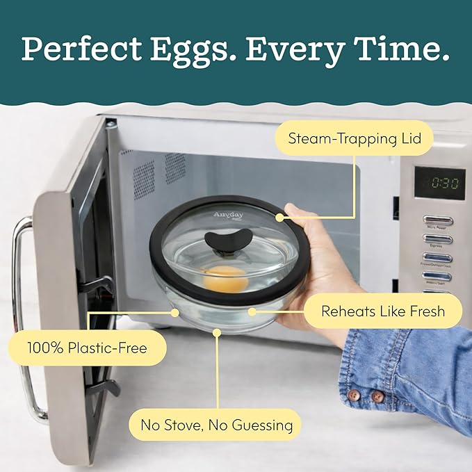 Anyday 2-Pack (2-Cup) Glass Microwave Egg Cooker - BPA Free & Plastic Free Microwave Egg Poacher - Meal Prep & Cookware | Stackable Airtight Nontoxic Storage Container with Vented Lid (Frosted)