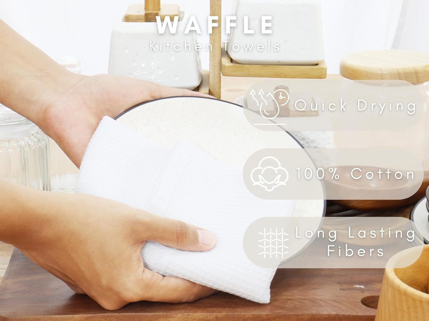 PurpleEssences Waffle Weave Kitchen Towel, 100% Cotton - 15 x 25 Inches, with Hanging Loop Ultra Soft Absorbent Quick Drying Dish Cloth, Tea and Hand Towels, 4 Pack - Spring Summer - White