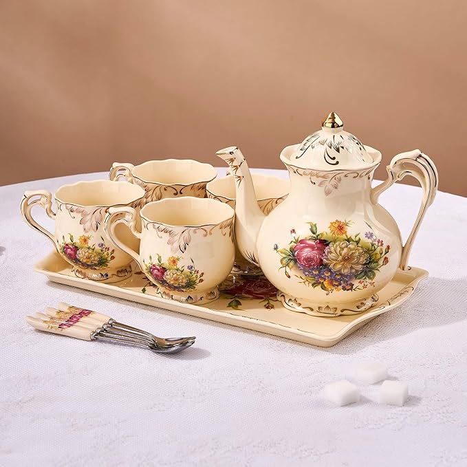 YOLIFE Ceramic Tea Serving Tray, Floral with Gold Leaves Trim Decorative Platter for Tea Party - 13.5 x 7.5 inch
