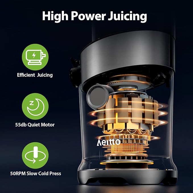Aeitto Juicer Machines Fits Whole Fruits, Cold Press Juicer with Wide Feed Chute, Masticating Juice Extractor Machine Easy to Clean, High Juice Yield, Easy to Assemble, Self Feeding