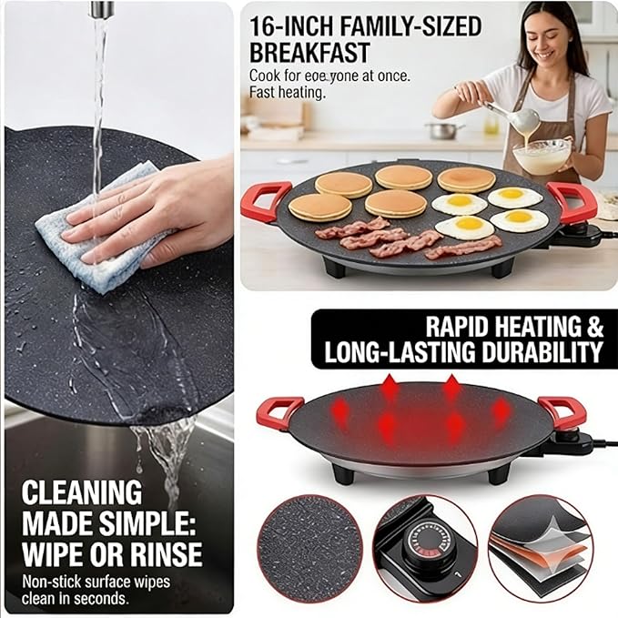 Non-Stick Electric Indoor Grill Pan, Smokeless Electric Griddle with Temperature Control, Round Baking Pan for BBQ, Steaks, Pancakes & Comal Electrico para Tortillas (40cm/15.7in)