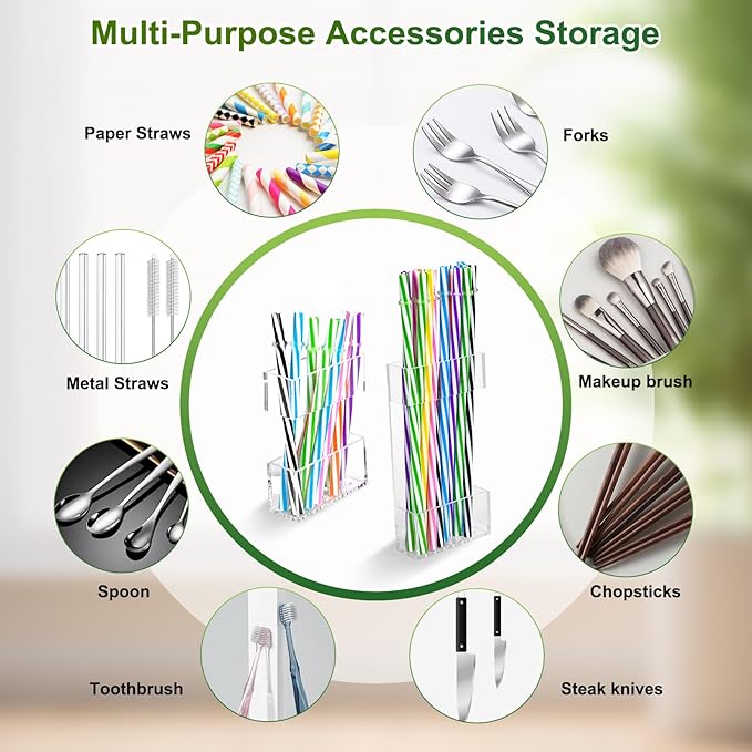 2 PACK Acrylic Straw Holder for Cabinet Doors, Reusable Straw Organizer with Ultra-Sticky Adhesive, Small Kitchen Accessories Container, Fits Both Short & Long Straws (Transparent)