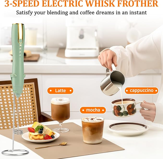 TonJin Frother Wand Rechargeable USB-C Milk Frother Handheld Mixer Electric with 2 Whisk Heads, 3 Speeds Adjustable Coffee Drink Mixer with Stand for Lattes, Matcha, Hot Chocolate, Egg, Matcha(Green)