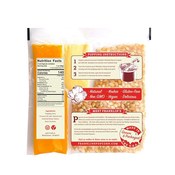 Franklin’s Gourmet Popcorn All-In-One Popcorn Packs for Popcorn Machine - 2oz Pack of 10 - Made in USA - Packs of Popcorn Bags with Buttery Salt & Oil