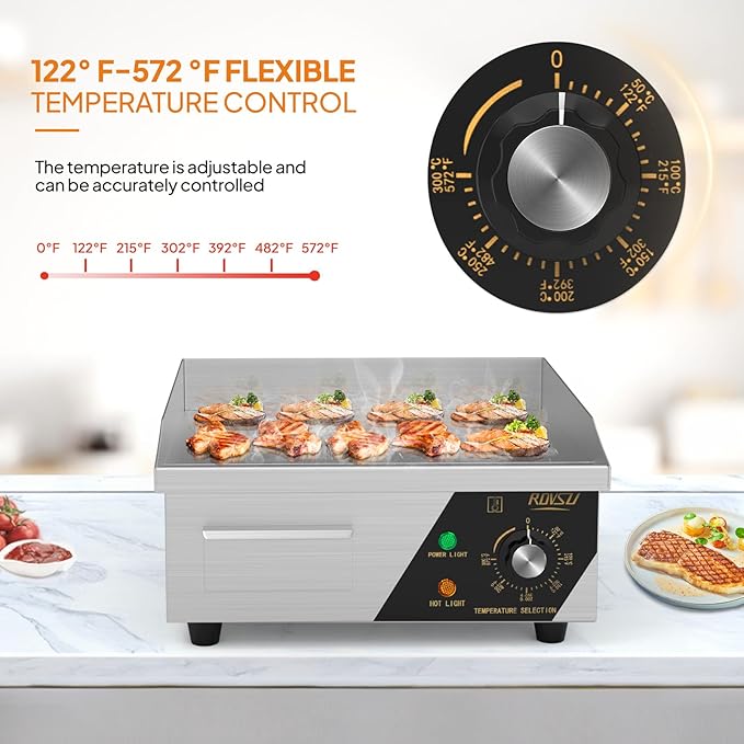 Bonnlo 14 Inch 1500W Commercial Griddle with Stainless Steel Countertop, Flat Griddle, 122-572℉ Adjustable Temp Control of Electric Flat Top Grill for Cheese 、Steak and Egg Indoor and Restaurant