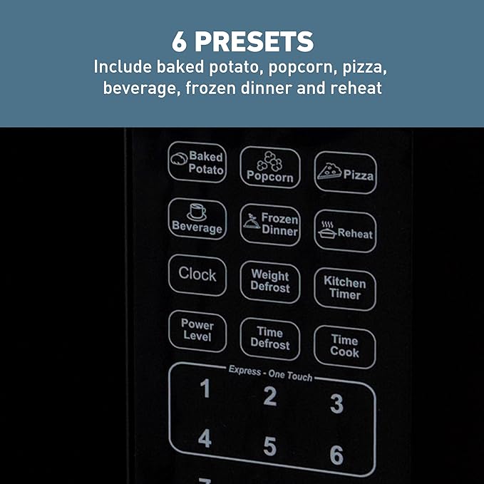 West Bend 1.1 Cu. Ft. Countertop Microwave Oven, 1000 Watts, Compact Design, 6 One-Touch Presets, Glass Turntable, Ideal for Dorms, Offices, RVs & Small Spaces, 1.1 cu.ft., Black