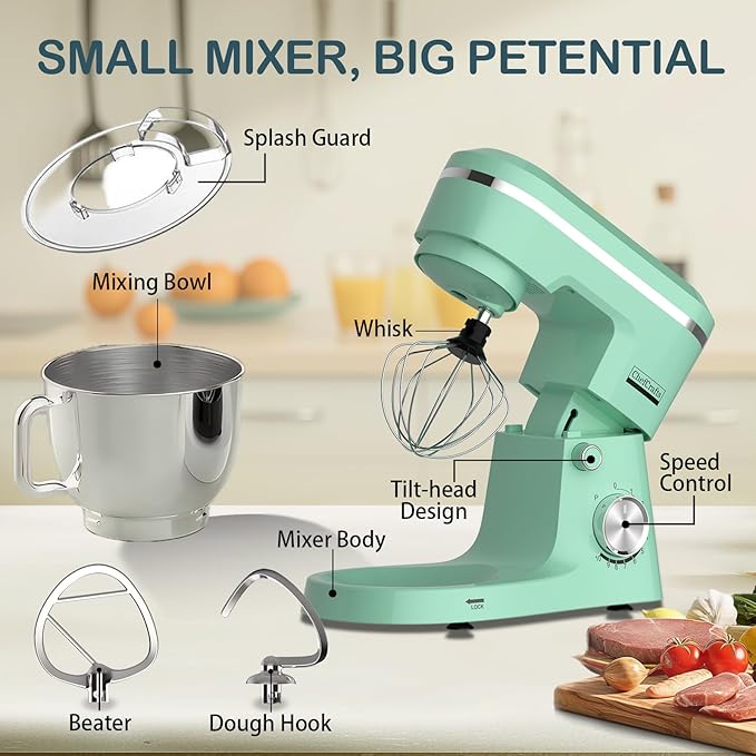 Electric Stand Mixer with 6.5 Quart Bowl, Household Food Mixer 10+p Speeds 660W, Tilt-Head Bread Dough and Cake Mixers with Dough Hook, Whisk, Beater, Splash Guard and Egg Separator (Blue)