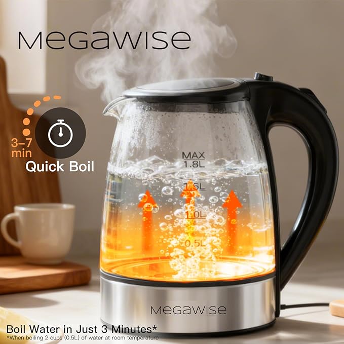 Megawise Electric Glass Kettle with Auto Shut-Off (1.8L)