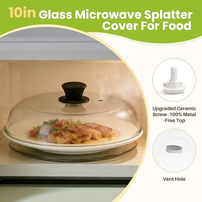 10in Glass Microwave Splatter Cover Microwave Safe Glass Lid Cover with Ceramic Screw, Heat Resistant Tempered Glass Splatter Guard, Vented Universal Microwave Plate Cover, Dishwasher Safe
