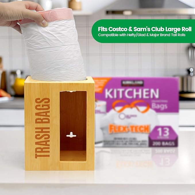 Extra-Large Top-Loading Garbage Bag Holder Dispenser, Bamboo Trash Bag Organizer for Costco-Sized 13-33 Gallon Jumbo Rolls, Under-Sink, Wall-Mounted Storage for Kitchen & Garage