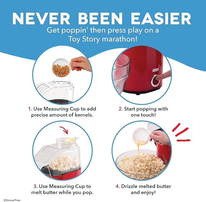 Disney Dash Fresh Pop Popcorn Maker - Oil-Free, Air Popcorn Popper - With Measuring Cup & Recipe Guide - Perfect for Movie Nights - 16 Cups, Toy Story