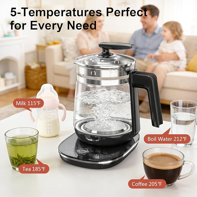 1200w Electric Kettle, 1.5L Borosilicate Glass tea kettle, Hot water kettle electric for Coffee or Tea, BPA Free, Auto Shut-Off, Stainless Steel, Fast Boil, Black