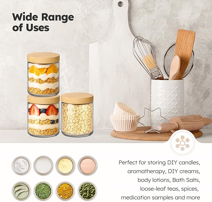 8 oz Glass Jars with Lids, 12 Pack Small Glass Jars with Plastic Woodgrain Lids, Lotion Container Empty Cosmetic Travel Containers for Sample, Cream, Lotion, Honey, Powder